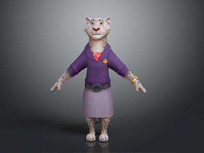 Cartoon Snow Leopard Character Wearing Purple Shirt Striped Skirt Belt And Badge 3d model