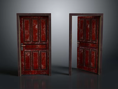 Red Wooden Doors With Peeling Paint One Closed One Open On Gray Reflective Floor 3d model