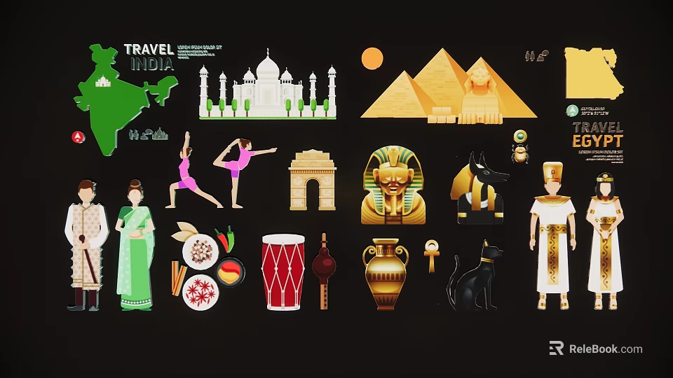 Travel Themed Cultural Hanging Ornaments with India Egypt Landmarks and Figures 3d model 