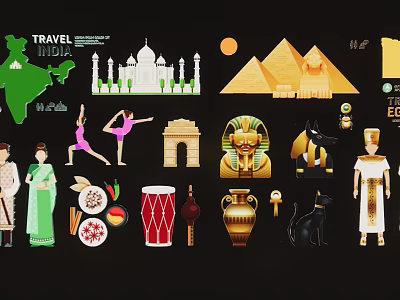 Travel Themed Cultural Hanging Ornaments with India Egypt Landmarks and Figures 3d model