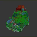 Cartoon Blue Car with Pink Purple Stripes Carrying Orange Red Green Suitcases on Roof