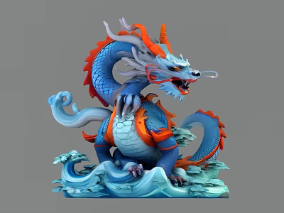 Aquatic Dragon Sculpture with Blue and Orange Scales Horns and Waving Tail on Wave Base 3d model