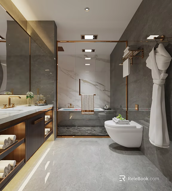 Modern Bathroom Interior Design With Marble Walls Bathtub Vanity Toilet And Hanging Robe 3d model 