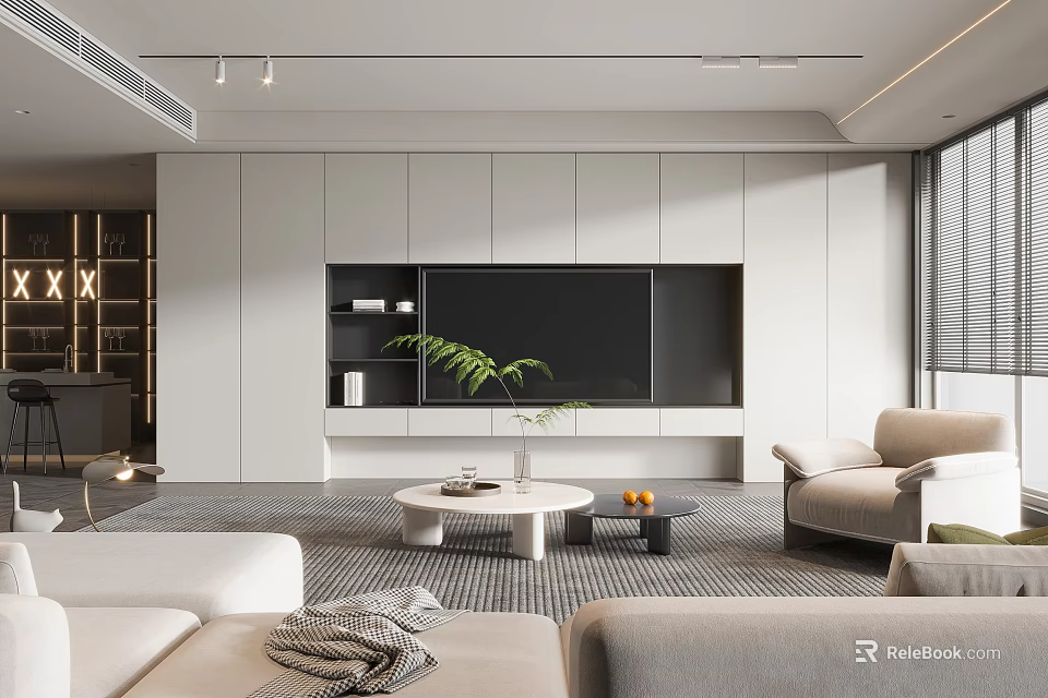 Modern Living Room Interior With TV Wall White Cabinets Sofa Coffee Table And Green Plant 3d model 