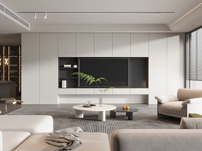 Modern Living Room Interior With TV Wall White Cabinets Sofa Coffee Table And Green Plant 3d model