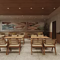 Rustic Restaurant Interior With Wooden Tables Chairs Wooden Ceiling And Mural Art