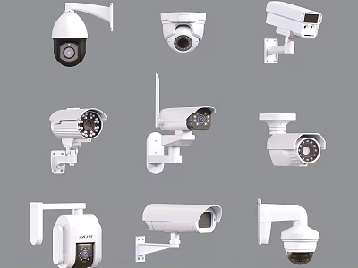 Different Types of Surveillance Cameras with Mounting Brackets for Security Systems 3d model