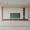 Modern Beige TV Wall with Built-in TV Storage Compartments Light Strips in Spacious Living Room