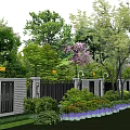 Tall Arbor Trees in Garden Landscape with Brick Walls Fence Purple Flowers and Green Shrubs
