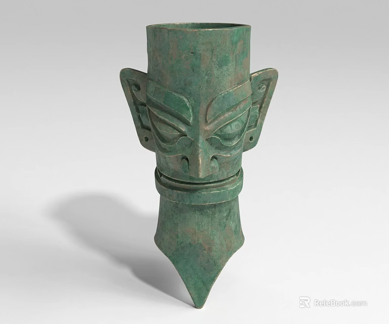 Ancient Style Bronze Landscape Sculpture with Mask Design and Green Surface 3d model 