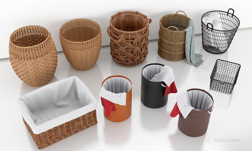Various Woven Storage Baskets In Different Colors With Fabric Liners For Home Organizing 3d model 