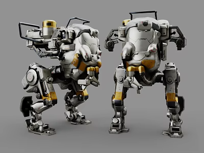 Game Movie Mechanical Robot Characters with Gray Yellow Armored Bodies and Leg Structures 3d model