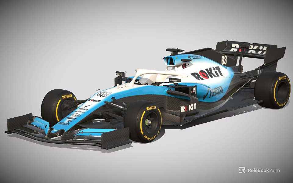 Blue And White Race Car With Streamlined Design Yellow Wheels And Sponsor Logos 3d model 
