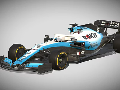 Blue And White Race Car With Streamlined Design Yellow Wheels And Sponsor Logos 3d model