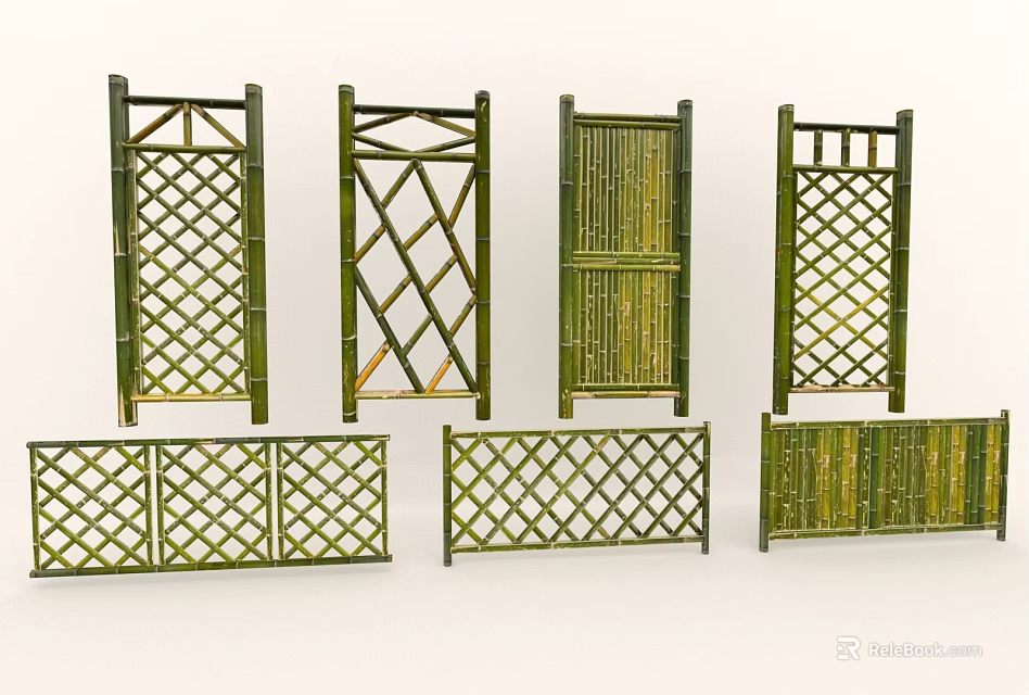 Bamboo Room Dividers With Various Lattice And Decorative Panel Designs 3d model 