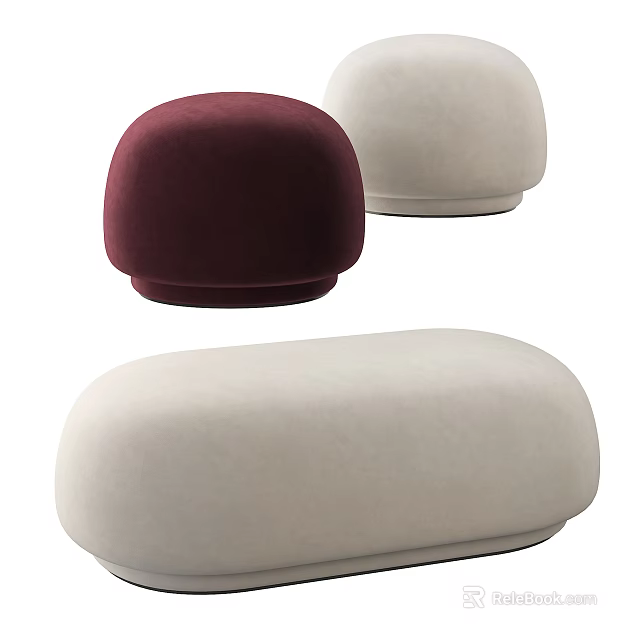 Modern Rounded Sofa Stools In Maroon And Beige Velvet Fabric Design 3d model 
