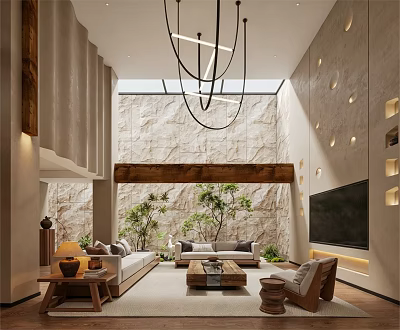 Modern Living Room Interior Design With Stone Wall Chandelier Sofa And Green Plants 3d model