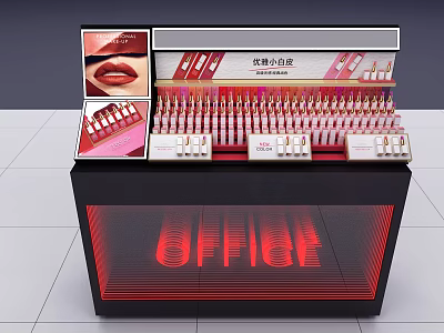 Office Brand Mall Store Lipstick Display With Makeup Products And Glowing Sign 3d model