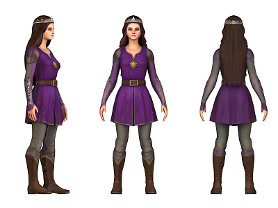 Game Movie Character in Purple Outfit with Crown Long Brown Hair Brown Boots Three Views 3d model
