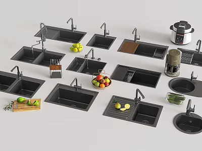 Modern Kitchen Sinks With Various Designs Faucets And Kitchen Accessories 3d model