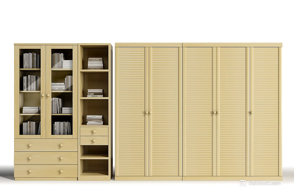 Light Wood Tone Wardrobe with Louvered Doors and Combination Cabinet Including Bookshelves and Drawers 3d model 