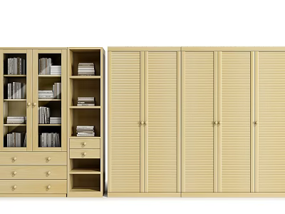 Light Wood Tone Wardrobe with Louvered Doors and Combination Cabinet Including Bookshelves and Drawers 3d model