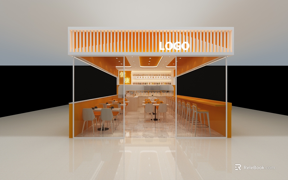 Modern Restaurant With Orange Canopy Transparent Glass Facade Bright Interior Tables And Bar Stools 3d model 