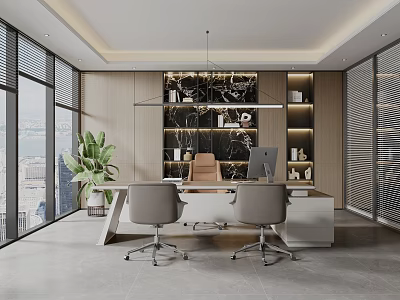 Modern Office Interior Design With Large Windows Potted Plant Desk Office Chairs And Shelving 3d model