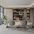 Modern Office Interior Design With Large Windows Potted Plant Desk Office Chairs And Shelving