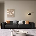 Black Leather Two-Seater Sofa With Brown Checkered White Pillows Abstract Painting And Window Blinds
