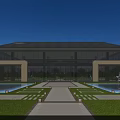 Modern Sales Office Building With Glass Facade Symmetrical Design Water Pool And Landscaped Lawn