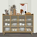 Minimalist Modern Wooden Sideboard With Potted Plant Vase Mugs Fruit Bowl And Decorative Painting