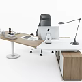 Modern Wooden Office Desk With Black Chair Apple MacBook Desk Lamp And Supplies