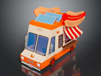 Orange And White Hot Dog Food Truck With Solar Panels And Striped Awning 3d model