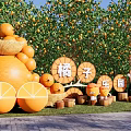 Orange Themed Cartoon Sculptures In Park With Lush Orange Trees
