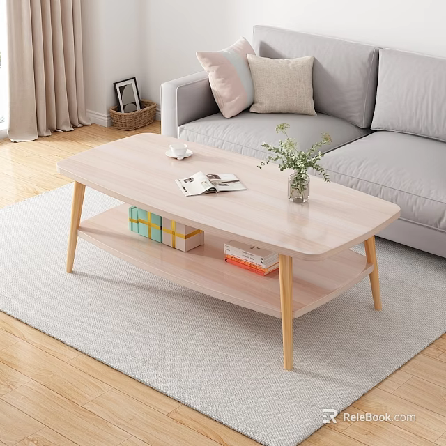 Light Wood Coffee Table in Living Room with Sofa Pillows Magazine Cup and Vase 3d model 