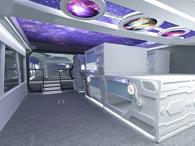 Futuristic Space Capsule Dormitory With Bunk Beds Starry Sky Ceiling And Blue Lighting 3d model