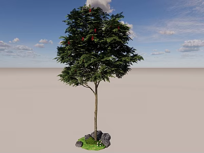 Arbor with Green Leaves and Red Flowers Surrounded by Stones and Grass Under Blue Sky 3d model