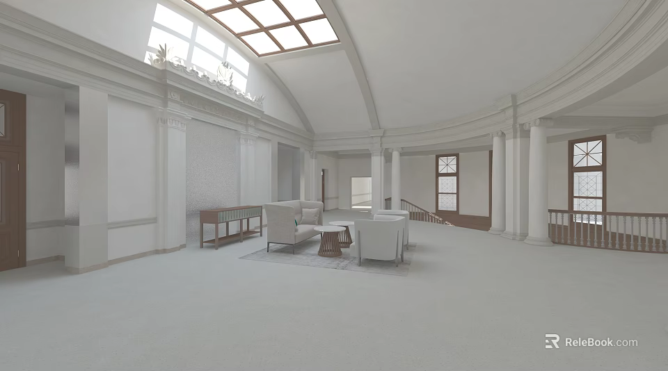 Office Corridor Interior Design With Arched Ceiling Skylights White Walls Columns Light Carpet And Sofas 3d model 