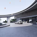 Modern Circular Sales Office Building With Central Courtyard Trees And Water Feature