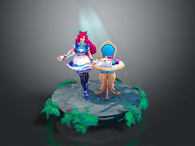 Pink Haired Cat Eared Maid Character With Enchanting Creatures On Stone Platform Green Foliage 3d model
