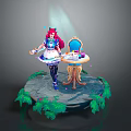 Pink Haired Cat Eared Maid Character With Enchanting Creatures On Stone Platform Green Foliage