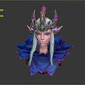Fantasy Elf Character With White Hair Purple Spiked Headdress Blue Gem And Blue Petal Outfit