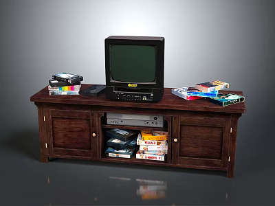 Vintage Wooden TV Stand With Old Fashioned TV VHS Tapes And Discs 3d model
