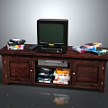 Vintage Wooden TV Stand With Old Fashioned TV VHS Tapes And Discs