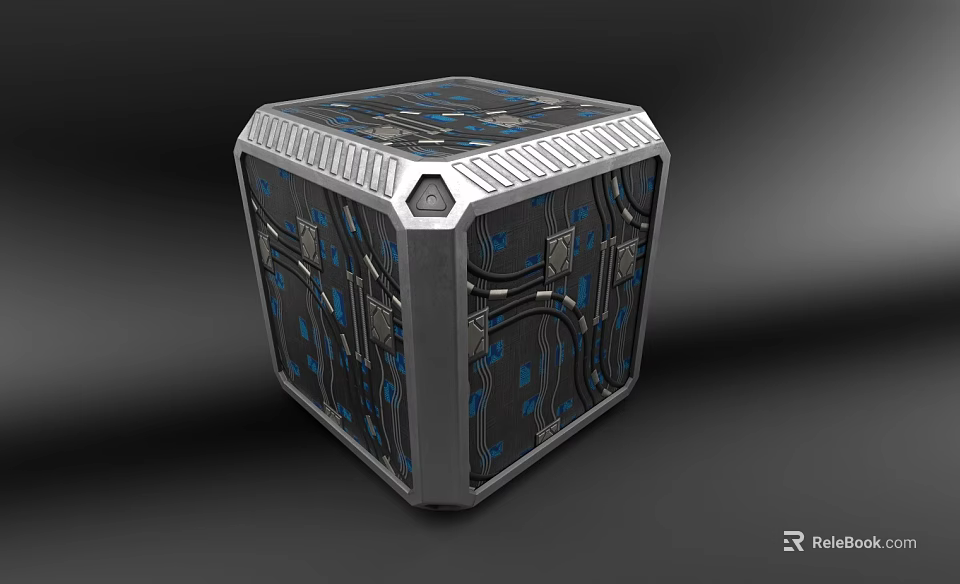 Futuristic Cube Shaped Box With Metallic Frame And Blue Circuit Patterns 3d model 