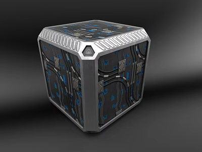 Futuristic Cube Shaped Box With Metallic Frame And Blue Circuit Patterns 3d model