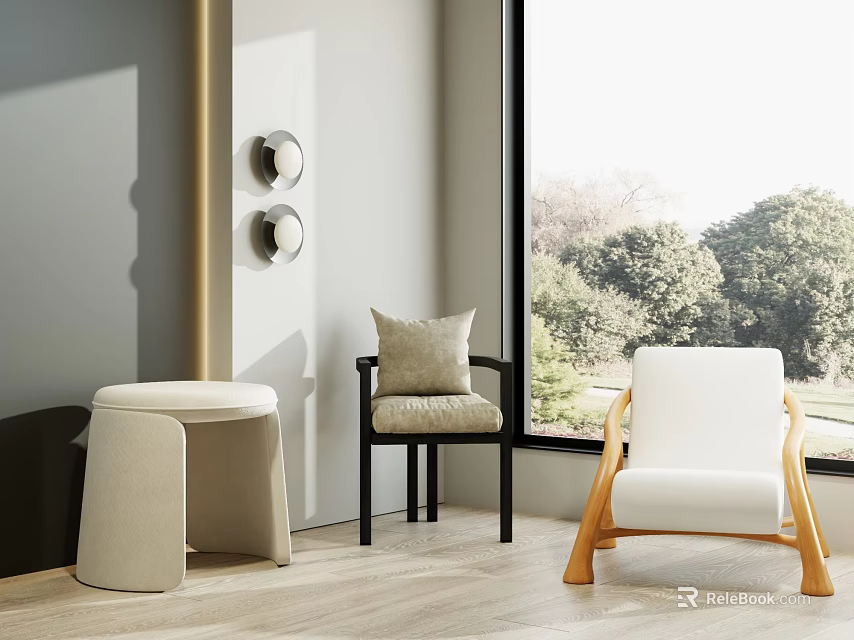 Modern White Single Chair With Wooden Armrests By Window With Green Trees View 3d model 