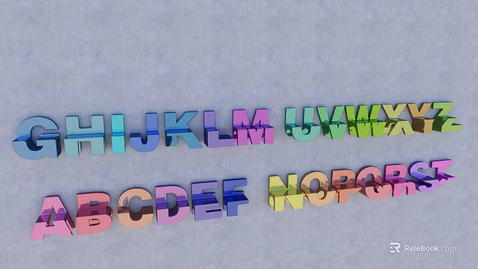 Rainbow Colored 3D Letters With Shiny Metallic Finish Arranged On Gray Background 3d model 