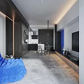 Living Room with Large Blue Cushion Ornamental Object and Cat on Gray Floor